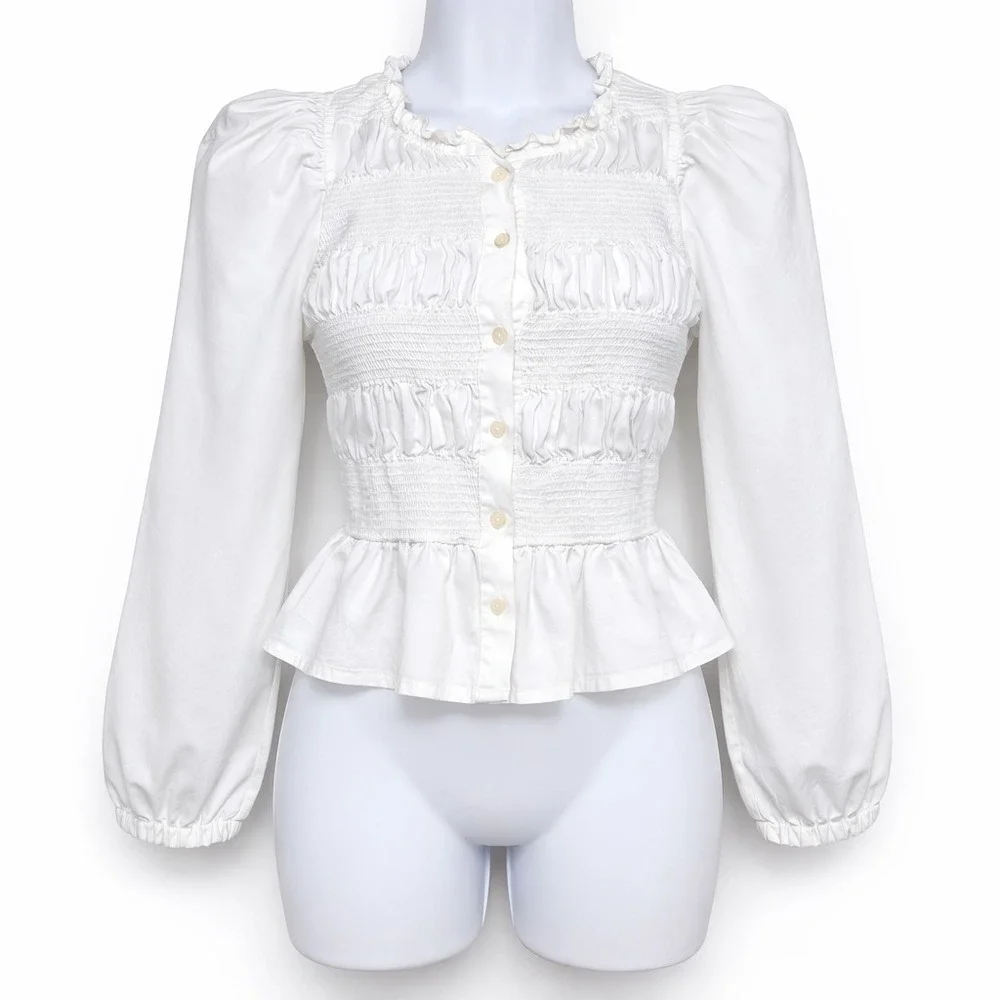 Zara White Smocked Puff Sleeve Peplum Blouse Cotton Cottagecore S